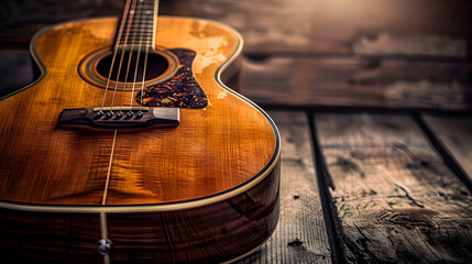 Obraz premium Close up of acoustic guitar on wood background