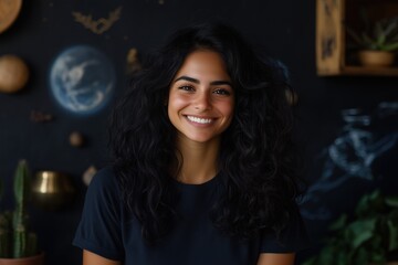 Smiling young woman with curly hair in a creatively decorated space, joyful and relaxed