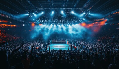 A large crowd of people cheering in front of a boxing ring in an arena like venue with colorful and...