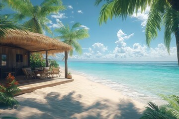 Tropical Beach Hut with Palm Trees and Crystal Clear Water