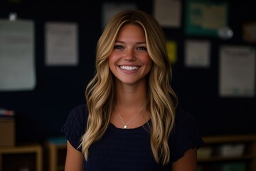 Portrait of a young Caucasian woman with long blonde hair, smiling brightly in a classroom with educational posters.