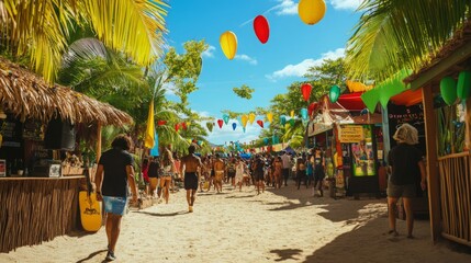 Visitors stroll through a lively market by the beach adorned with vibrant lanterns and palm trees.