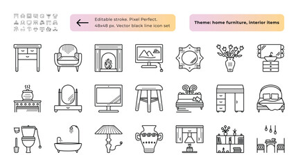 Obraz premium Home furniture, interior items, house rooms, vector black line icon set, 21 outline monochrome signs with dots, editable stroke, pixel perfect