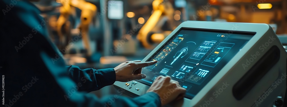 Fototapete close-up of a factory worker operating a robotic arm via a touchscreen interface