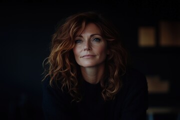 Fototapeta premium Moody portrait of a middle-aged Caucasian woman with wavy brown hair, serious expression in a dark room.