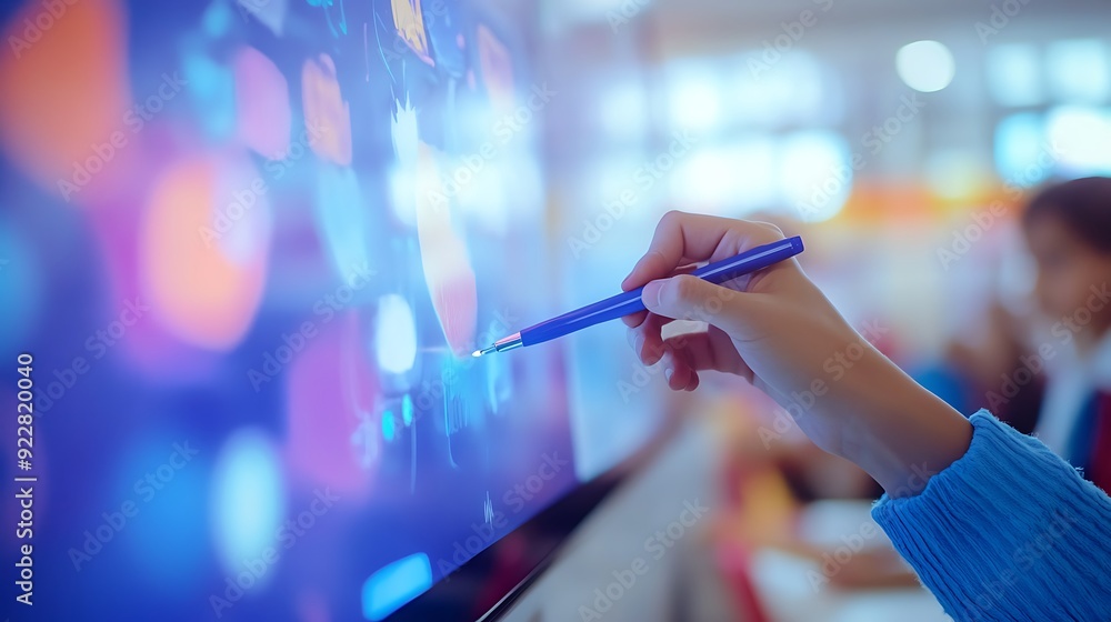 Poster close-up of a teacher using a smart board with a digital pen in a classroom