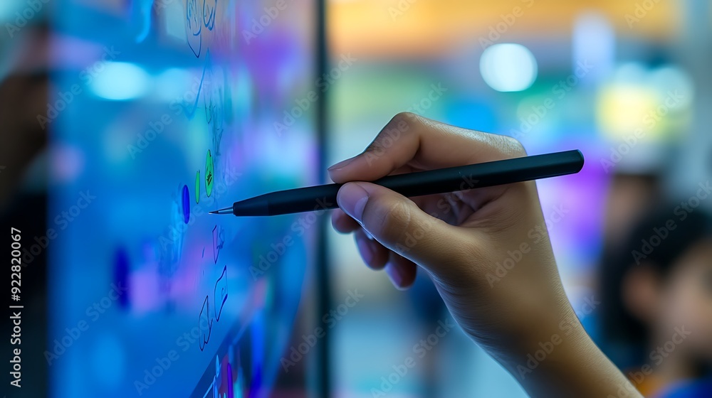 Poster close-up of a teacher using a smart board with a digital pen in a classroom