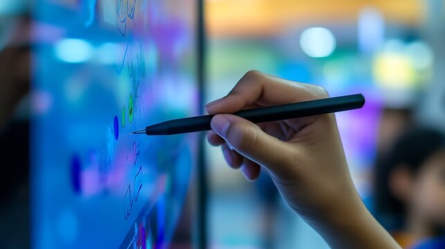 Close-Up of a Teacher Using a Smart Board with a Digital Pen in a Classroom