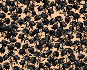 Gothic style ditsy seamless pattern with blurry peony flowers bouquet. Halloween themed graphic print for clothing, fabric, wallpaper, home decor, wrapping paper