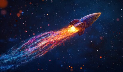 A rocket made of digital code with data visualization lines is flying through a vast space network, internet technology, futuristic colorful representation, starry sky like patterns