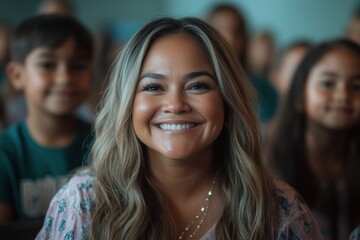 Obraz premium Smiling young woman of Asian descent in a classroom setting, surrounded by children, radiating warmth and positivity