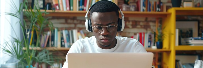 A young African American man attentively using headphones while seated at his desk with a laptop.