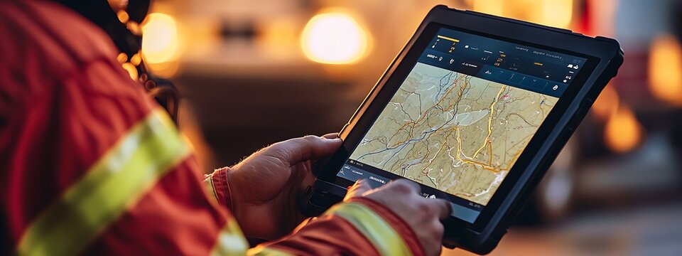 Firefighter Using Digital Mapping Tool on Rugged Tablet, Emergency Response Data Displayed, Blurred Equipment Background