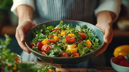 Healthy diet vegetables salad bowl at the kitchen with different vegetable pieces on a wooden table, two felame hand holding the plate 