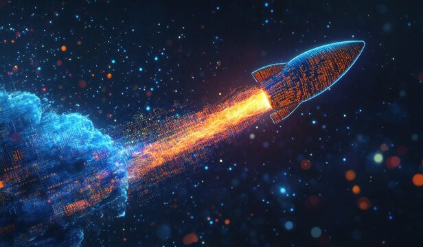 A rocket made of digital code with data visualization lines is flying through a vast space network, internet technology, futuristic colorful representation, starry sky like patterns