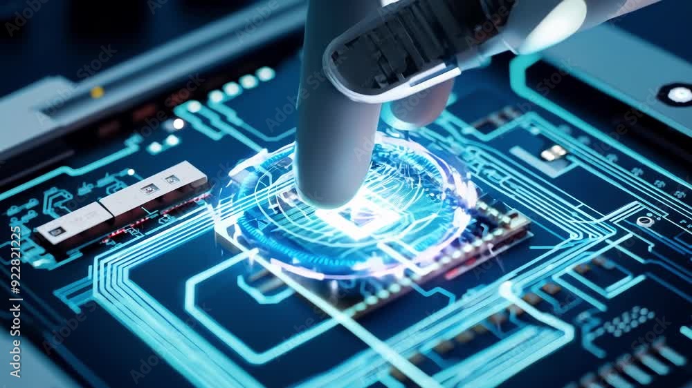 Poster a detailed look at the intricate process of microchip design as a finger interacts with advanced cir