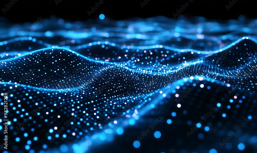 Poster Abstract Futuristic Grid of Interconnected Lights and Lines, Representing AI Processing Data, Dark Digital Landscape