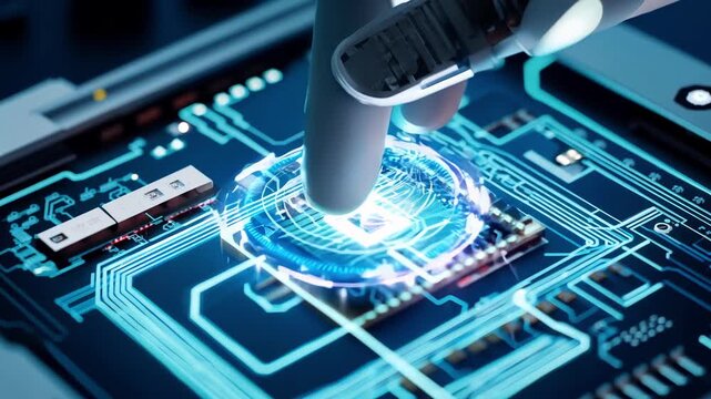 A detailed look at the intricate process of microchip design as a finger interacts with advanced circuitry in a high-tech lab.