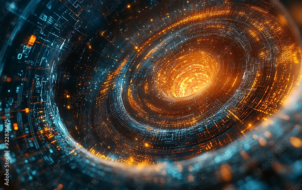 Leinwandbilder Swirling Vortex of Digital Code and Light, Representing AI Algorithms Complexity, Cosmic Void Background