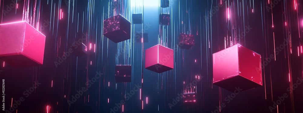 Aufkleber Abstract AI Representation with Glowing Cubes Connected by Streams of Light, Floating in Futuristic Space