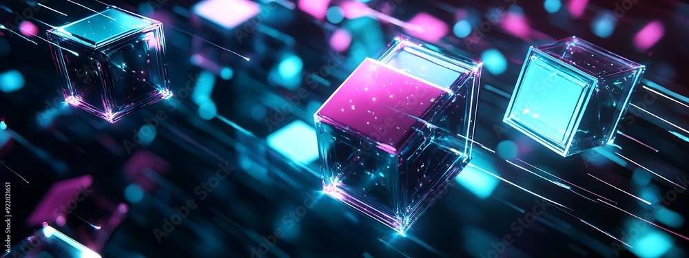 Aufkleber Abstract AI Representation with Glowing Cubes Connected by Streams of Light, Floating in Futuristic Space