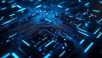 Obraz premium Abstract AI Visualization as a Glowing Circuit Board, Complex Patterns and Connections in Dark Digital Space