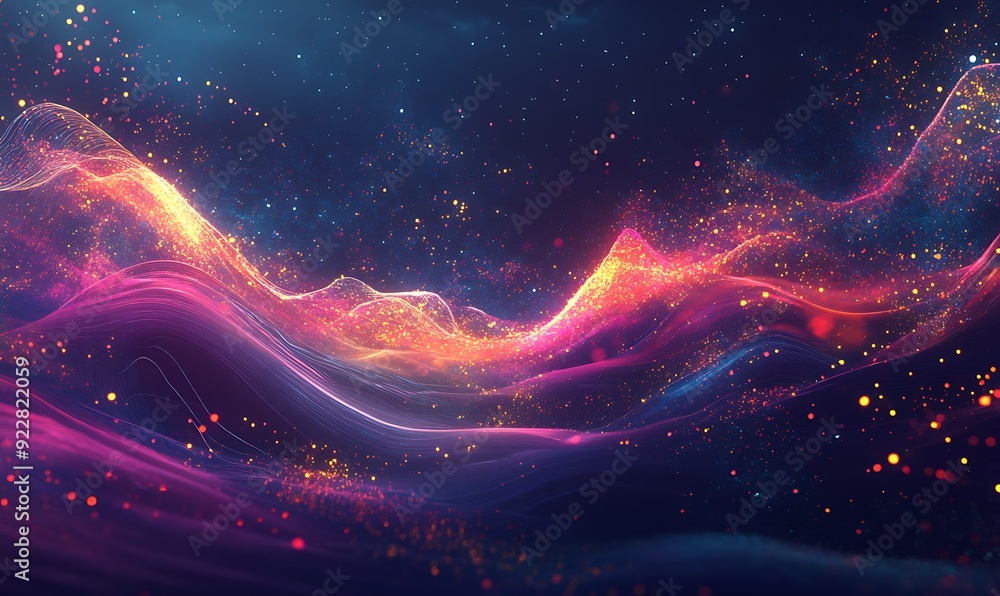 Aufkleber Futuristic Abstract Landscape of Flowing Light Waves and Digital Particles, Representing AI Processes in Ethereal Void