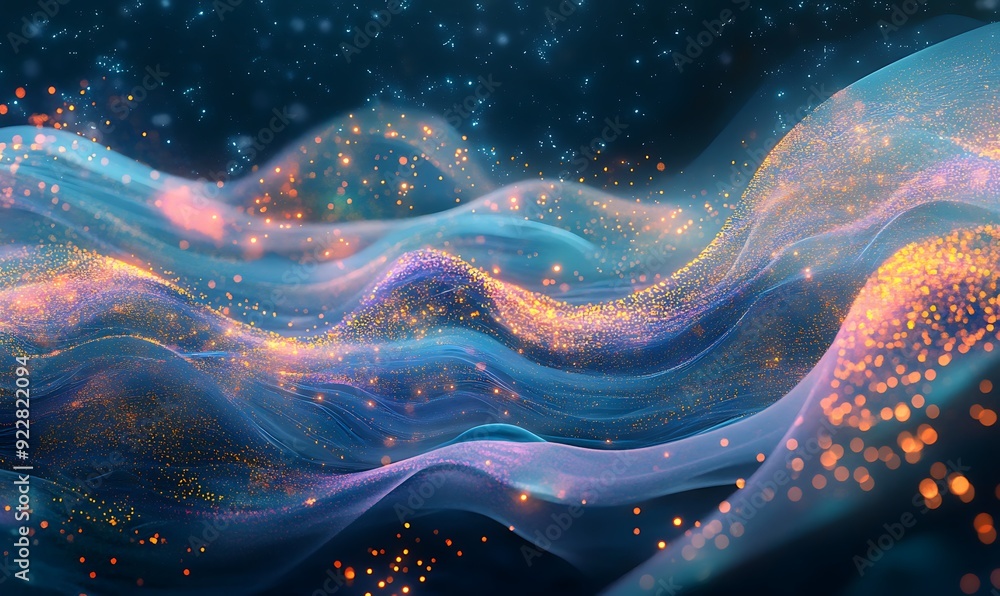 Fototapete futuristic abstract landscape of flowing light waves and digital particles, representing ai processe