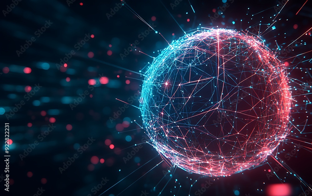 Poster Abstract Glowing Sphere of Interconnected Lines and Nodes, Representing AI Neural Networks in Digital Void