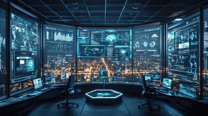 High-tech digital office with multiple screens displaying complex data visualizations.