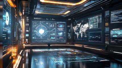 High-tech digital office with multiple screens displaying complex data visualizations.