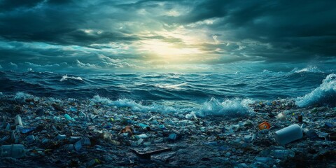 Obraz premium Marine Litter Parable: The Tale of Ocean Pollution and the Quest for Environmental Conservation on World Oceans Day.