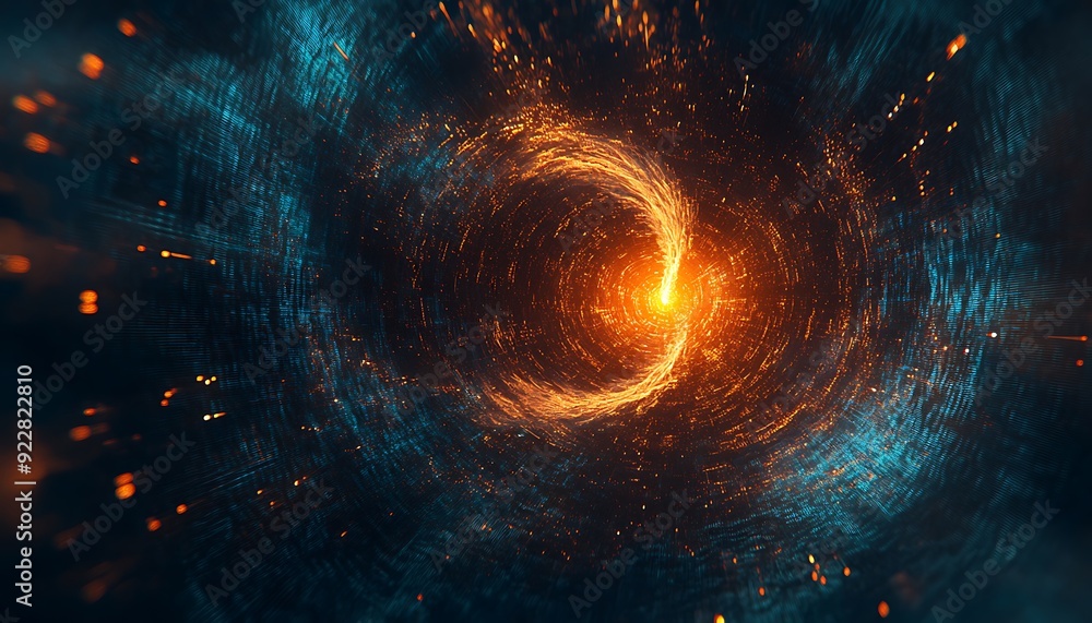 Aufkleber Digital Storm of Light Particles and Code Fragments, Converging to Form Central Glowing Core, AI's Power