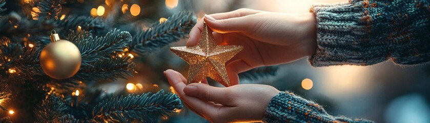 Close-up of hands in a cozy sweater decorating a Christmas tree with a gold star ornament, surrounded by warm holiday lights and festive decorations.