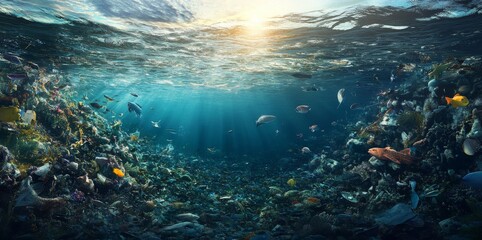 Fototapeta premium Marine Litter Parable: The Tale of Ocean Pollution and the Quest for Environmental Conservation on World Oceans Day.