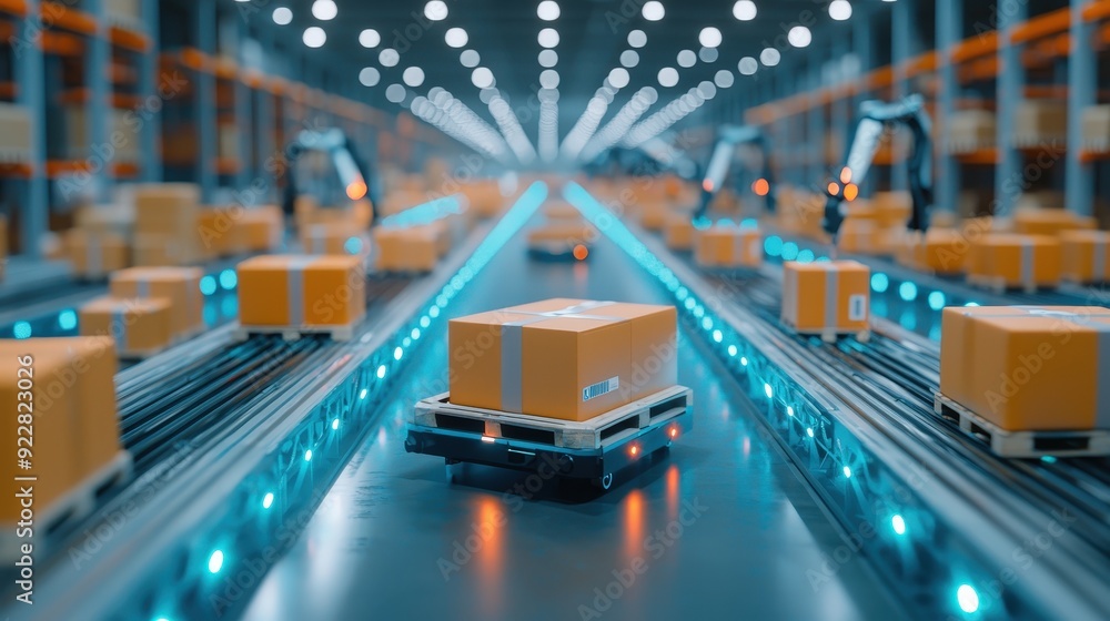 Poster automated warehouse with robotic arms sorting packages
