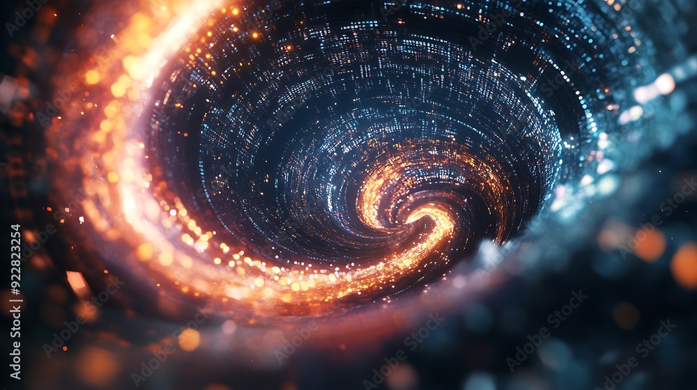 Poster Swirling Digital Vortex of Code and Light, Representing AI Algorithms Complexity in Cosmic Futuristic Space