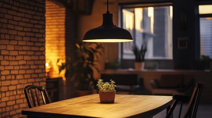 Industrial-style pendant lamp hanging over a dining table, casting a warm glow in the room.