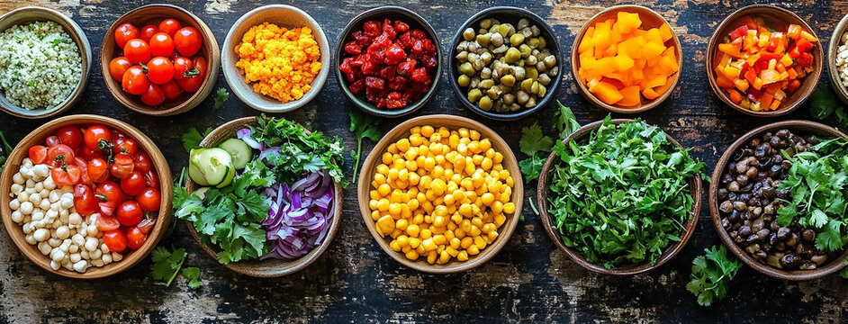 Healthy diet vegetables salad bowl at the kitchen with different vegetable pieces on a wooden table, two felame hand holding the plate 