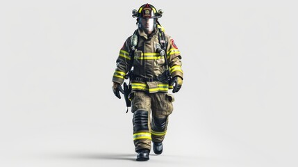 A heroic firefighter proudly wearing full protective uniform and gear, walking confidently on a white background symbolic of bravery and service.