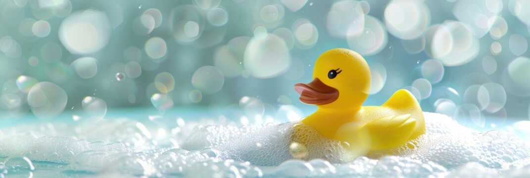 A solitary yellow rubber duck adrift in a tub overflowing with bubbles.