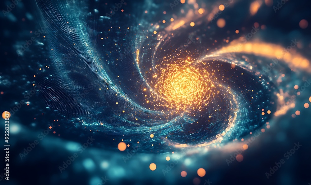 Poster Digital Storm of Light Particles and Code Fragments, Converging to Form Glowing Central Core, AI's Energy