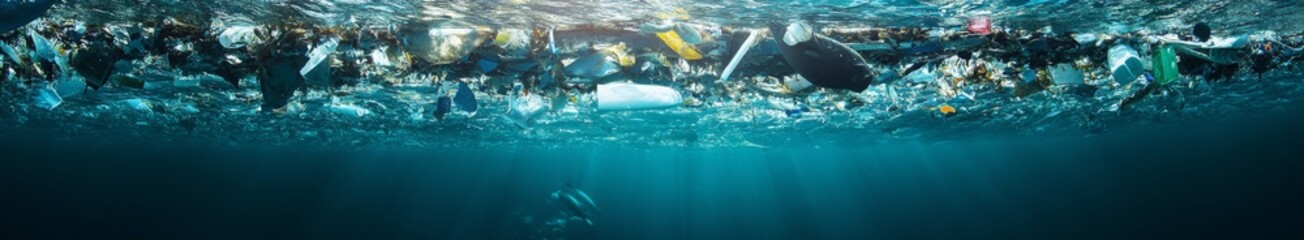 Naklejka premium Marine Litter Parable: The Tale of Ocean Pollution and the Quest for Environmental Conservation on World Oceans Day.