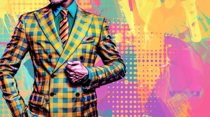 Obraz premium A vibrant image featuring a man in a colorful checkered suit, set against an equally striking background with bright colors and patterns, showcasing bold fashion and artistic expression.