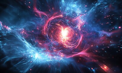 Fototapeta premium Digital Storm of Light Particles and Code Fragments, Converging to Form Glowing Central Core, AI's Energy