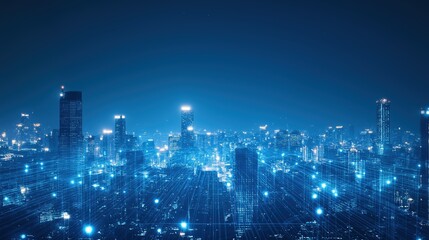 Obraz premium Futuristic cityscape at night illuminated by AI-controlled lights, creating an advanced digital atmosphere, AI-powered innovation, technological progress.