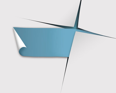 A scroll of blue paper emerges from a slit cut in white paper to provide a text area or copy space in a 3-d illustration that includes the shape of a Christian cross.