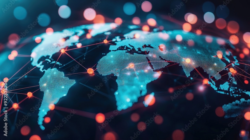 Poster global supply chain network with interconnected dots on a world map