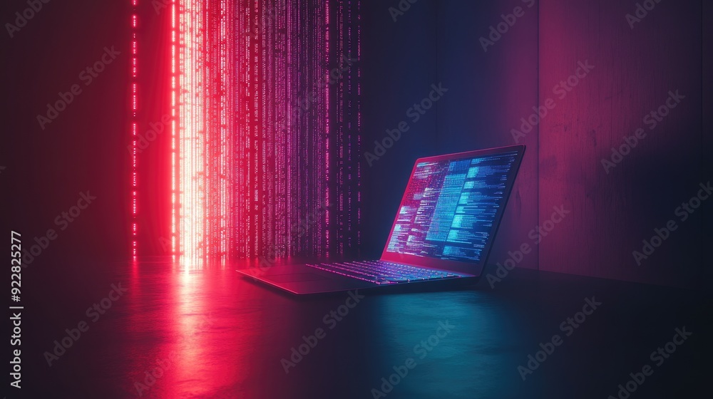 Poster minimalist digital workspace with a glowing laptop and a virtual data screen.