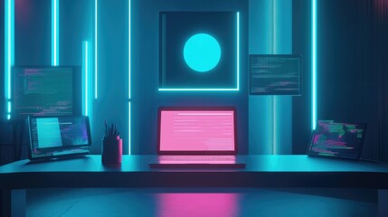 Minimalist digital business setup with a glowing laptop and a virtual holographic screen.
